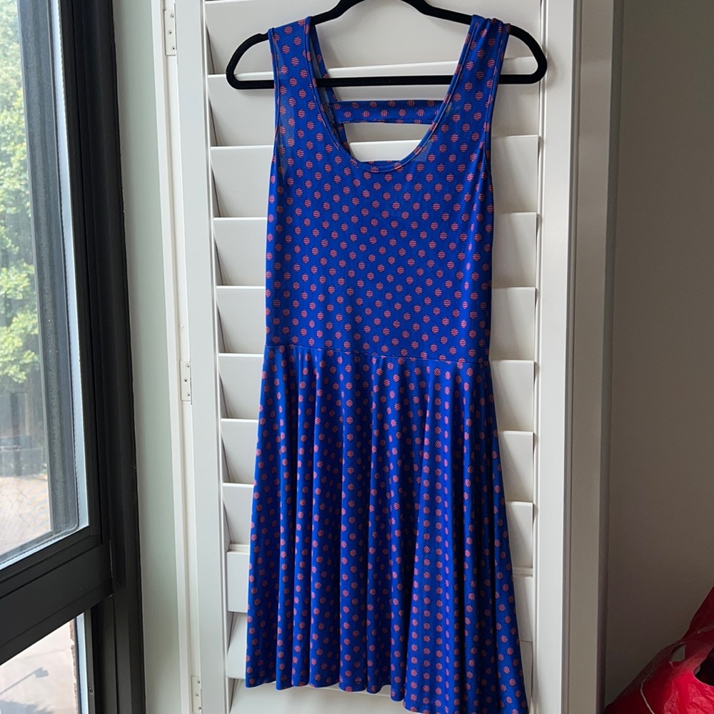 Red and blue polka dot knee length dress